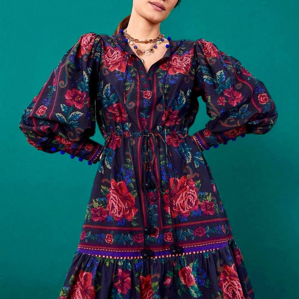 FARM Rio Navy Floral Mini Dress with Red & Green Roses